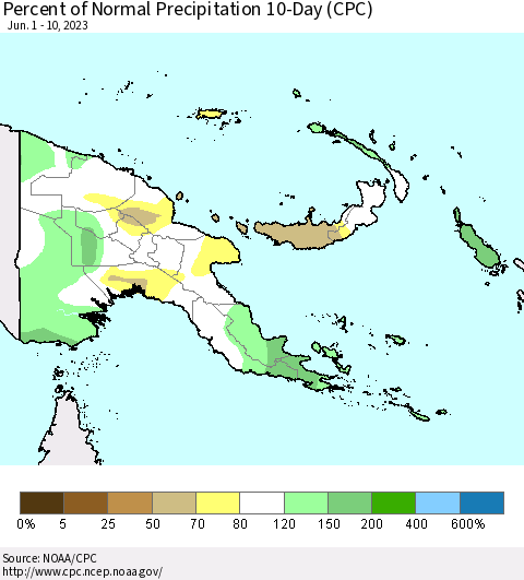 Papua New Guinea Percent of Normal Precipitation 10-Day (CPC) Thematic Map For 6/1/2023 - 6/10/2023