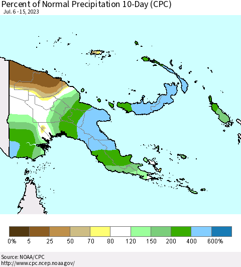 Papua New Guinea Percent of Normal Precipitation 10-Day (CPC) Thematic Map For 7/6/2023 - 7/15/2023