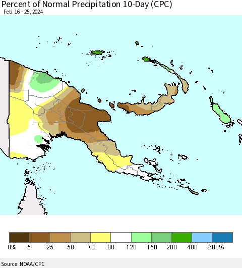 Papua New Guinea Percent of Normal Precipitation 10-Day (CPC) Thematic Map For 2/16/2024 - 2/25/2024