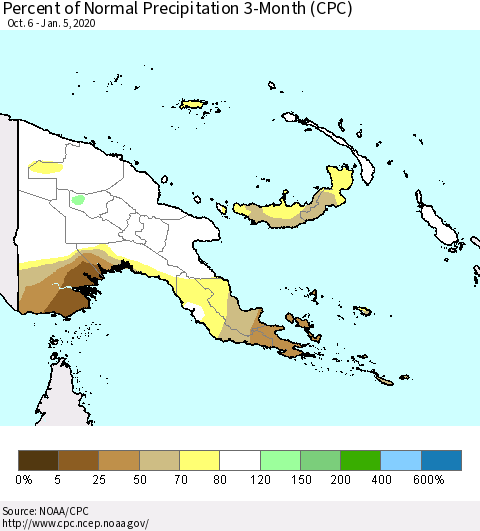 Papua New Guinea Percent of Normal Precipitation 3-Month (CPC) Thematic Map For 10/6/2019 - 1/5/2020
