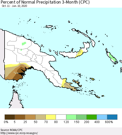 Papua New Guinea Percent of Normal Precipitation 3-Month (CPC) Thematic Map For 10/11/2019 - 1/10/2020