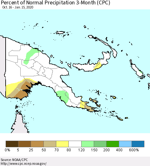 Papua New Guinea Percent of Normal Precipitation 3-Month (CPC) Thematic Map For 10/16/2019 - 1/15/2020