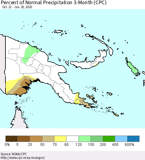 Papua New Guinea Percent of Normal Precipitation 3-Month (CPC) Thematic Map For 10/21/2019 - 1/20/2020