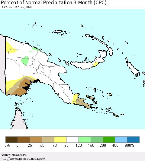 Papua New Guinea Percent of Normal Precipitation 3-Month (CPC) Thematic Map For 10/26/2019 - 1/25/2020