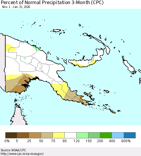 Papua New Guinea Percent of Normal Precipitation 3-Month (CPC) Thematic Map For 11/1/2019 - 1/31/2020