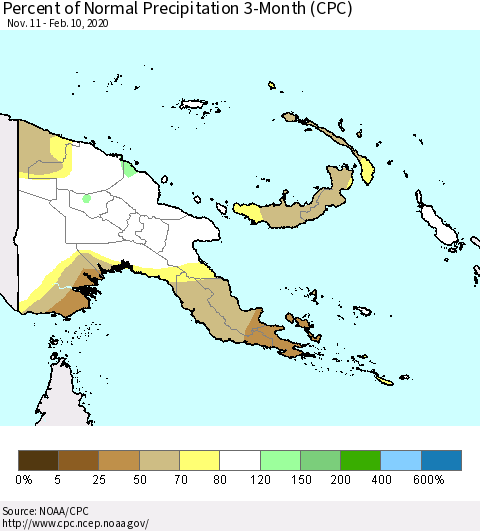 Papua New Guinea Percent of Normal Precipitation 3-Month (CPC) Thematic Map For 11/11/2019 - 2/10/2020