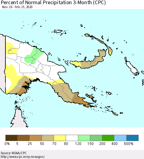 Papua New Guinea Percent of Normal Precipitation 3-Month (CPC) Thematic Map For 11/16/2019 - 2/15/2020