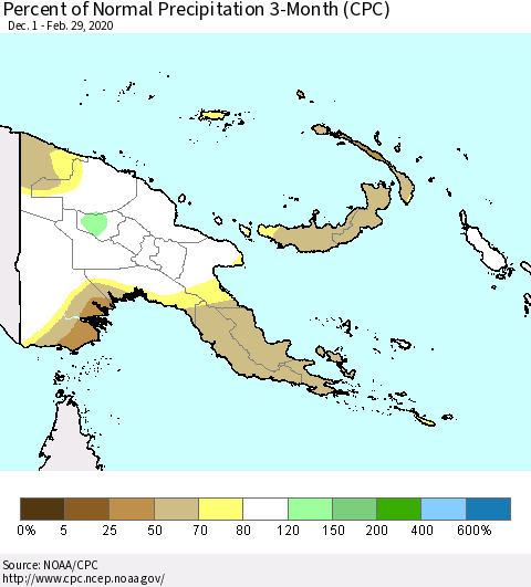Papua New Guinea Percent of Normal Precipitation 3-Month (CPC) Thematic Map For 12/1/2019 - 2/29/2020