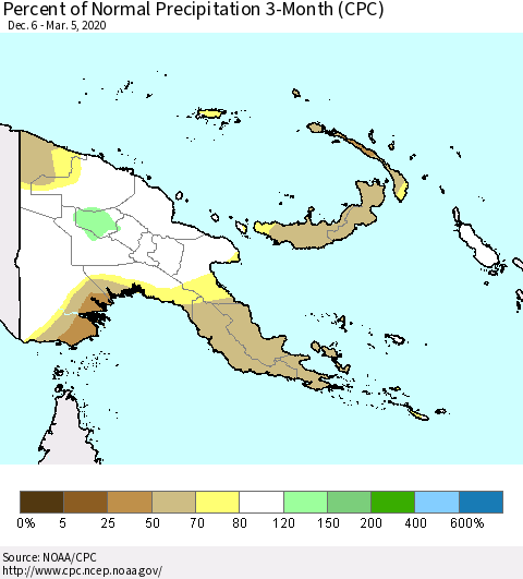 Papua New Guinea Percent of Normal Precipitation 3-Month (CPC) Thematic Map For 12/6/2019 - 3/5/2020