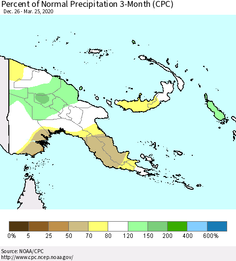 Papua New Guinea Percent of Normal Precipitation 3-Month (CPC) Thematic Map For 12/26/2019 - 3/25/2020