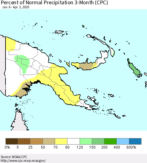 Papua New Guinea Percent of Normal Precipitation 3-Month (CPC) Thematic Map For 1/6/2020 - 4/5/2020