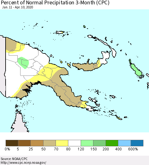 Papua New Guinea Percent of Normal Precipitation 3-Month (CPC) Thematic Map For 1/11/2020 - 4/10/2020