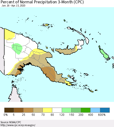 Papua New Guinea Percent of Normal Precipitation 3-Month (CPC) Thematic Map For 1/16/2020 - 4/15/2020