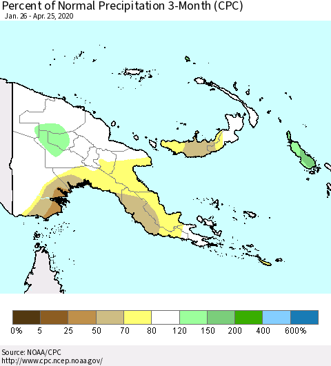 Papua New Guinea Percent of Normal Precipitation 3-Month (CPC) Thematic Map For 1/26/2020 - 4/25/2020