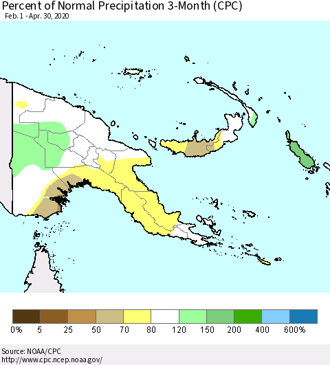 Papua New Guinea Percent of Normal Precipitation 3-Month (CPC) Thematic Map For 2/1/2020 - 4/30/2020
