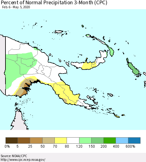 Papua New Guinea Percent of Normal Precipitation 3-Month (CPC) Thematic Map For 2/6/2020 - 5/5/2020