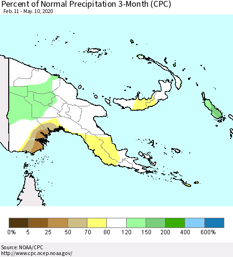Papua New Guinea Percent of Normal Precipitation 3-Month (CPC) Thematic Map For 2/11/2020 - 5/10/2020