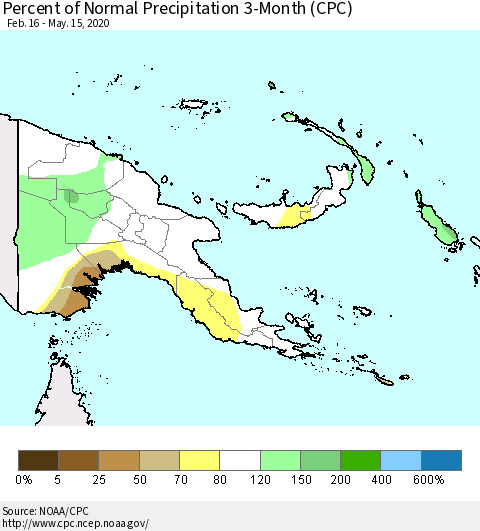 Papua New Guinea Percent of Normal Precipitation 3-Month (CPC) Thematic Map For 2/16/2020 - 5/15/2020