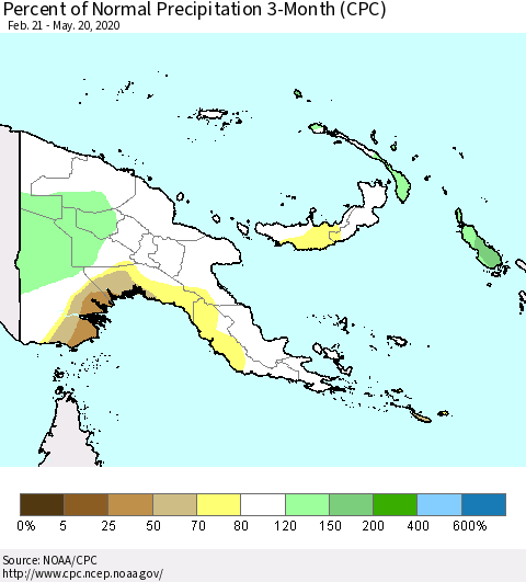 Papua New Guinea Percent of Normal Precipitation 3-Month (CPC) Thematic Map For 2/21/2020 - 5/20/2020