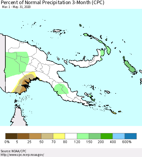 Papua New Guinea Percent of Normal Precipitation 3-Month (CPC) Thematic Map For 3/1/2020 - 5/31/2020