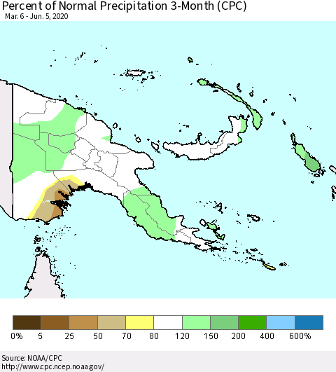 Papua New Guinea Percent of Normal Precipitation 3-Month (CPC) Thematic Map For 3/6/2020 - 6/5/2020