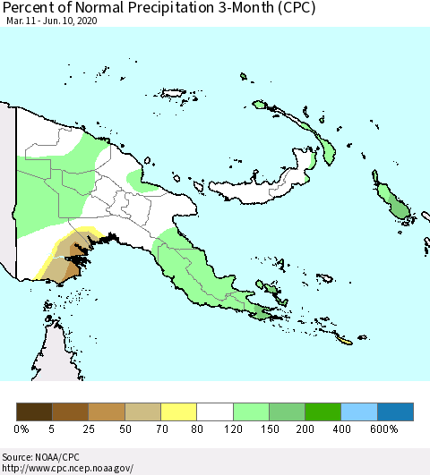Papua New Guinea Percent of Normal Precipitation 3-Month (CPC) Thematic Map For 3/11/2020 - 6/10/2020