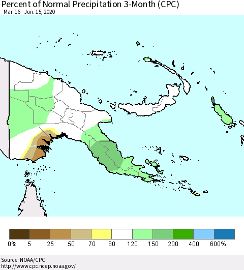 Papua New Guinea Percent of Normal Precipitation 3-Month (CPC) Thematic Map For 3/16/2020 - 6/15/2020