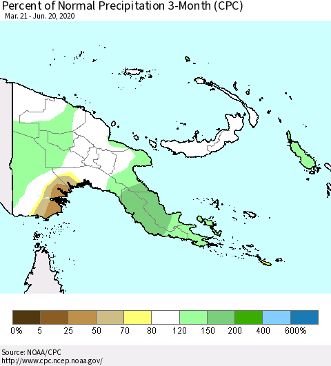 Papua New Guinea Percent of Normal Precipitation 3-Month (CPC) Thematic Map For 3/21/2020 - 6/20/2020