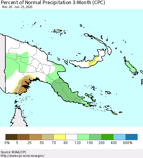 Papua New Guinea Percent of Normal Precipitation 3-Month (CPC) Thematic Map For 3/26/2020 - 6/25/2020