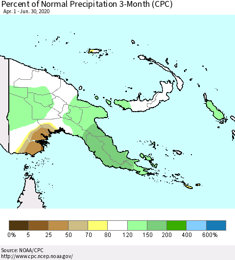 Papua New Guinea Percent of Normal Precipitation 3-Month (CPC) Thematic Map For 4/1/2020 - 6/30/2020