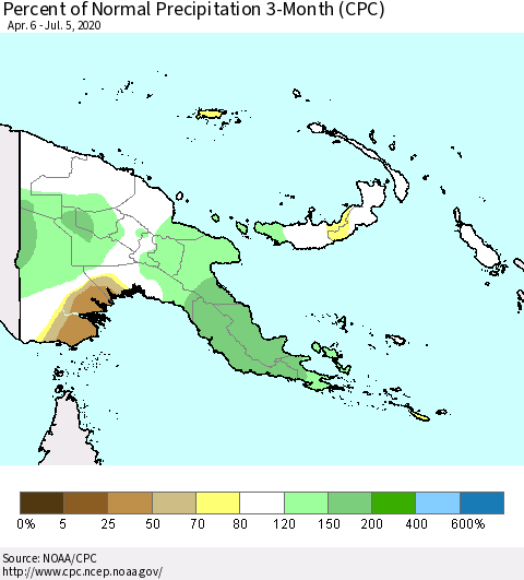 Papua New Guinea Percent of Normal Precipitation 3-Month (CPC) Thematic Map For 4/6/2020 - 7/5/2020