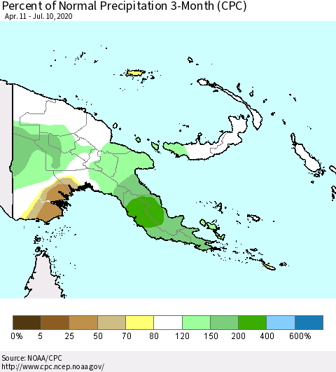 Papua New Guinea Percent of Normal Precipitation 3-Month (CPC) Thematic Map For 4/11/2020 - 7/10/2020