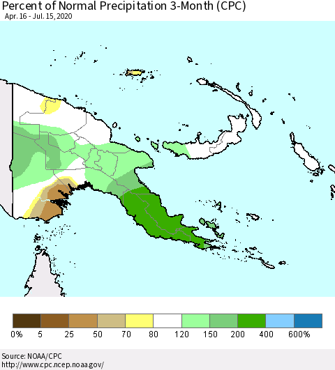 Papua New Guinea Percent of Normal Precipitation 3-Month (CPC) Thematic Map For 4/16/2020 - 7/15/2020