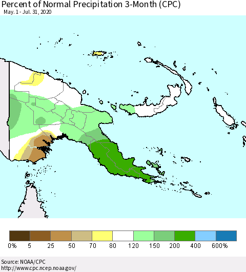 Papua New Guinea Percent of Normal Precipitation 3-Month (CPC) Thematic Map For 5/1/2020 - 7/31/2020