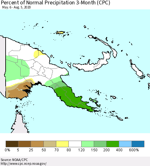 Papua New Guinea Percent of Normal Precipitation 3-Month (CPC) Thematic Map For 5/6/2020 - 8/5/2020