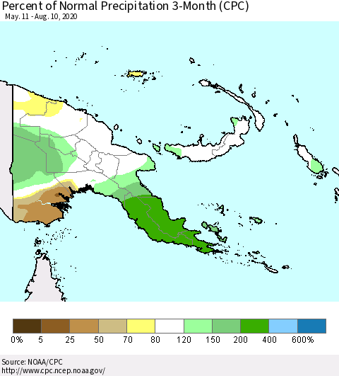 Papua New Guinea Percent of Normal Precipitation 3-Month (CPC) Thematic Map For 5/11/2020 - 8/10/2020