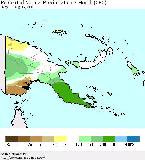 Papua New Guinea Percent of Normal Precipitation 3-Month (CPC) Thematic Map For 5/16/2020 - 8/15/2020