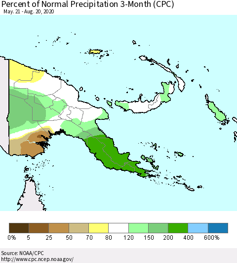 Papua New Guinea Percent of Normal Precipitation 3-Month (CPC) Thematic Map For 5/21/2020 - 8/20/2020
