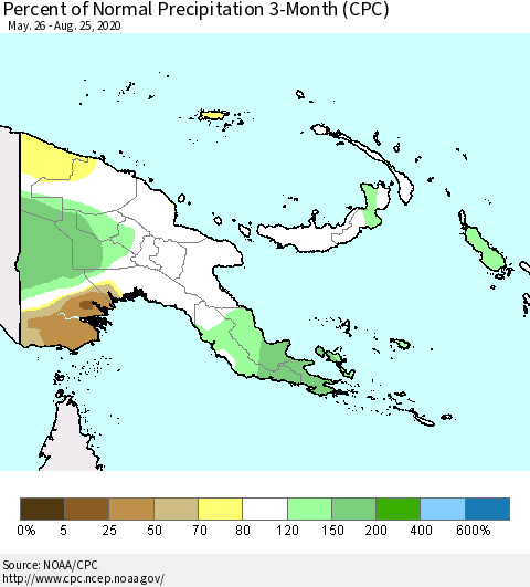 Papua New Guinea Percent of Normal Precipitation 3-Month (CPC) Thematic Map For 5/26/2020 - 8/25/2020