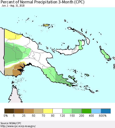 Papua New Guinea Percent of Normal Precipitation 3-Month (CPC) Thematic Map For 6/1/2020 - 8/31/2020