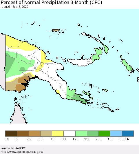 Papua New Guinea Percent of Normal Precipitation 3-Month (CPC) Thematic Map For 6/6/2020 - 9/5/2020