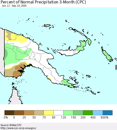 Papua New Guinea Percent of Normal Precipitation 3-Month (CPC) Thematic Map For 6/11/2020 - 9/10/2020