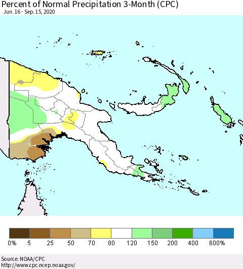 Papua New Guinea Percent of Normal Precipitation 3-Month (CPC) Thematic Map For 6/16/2020 - 9/15/2020