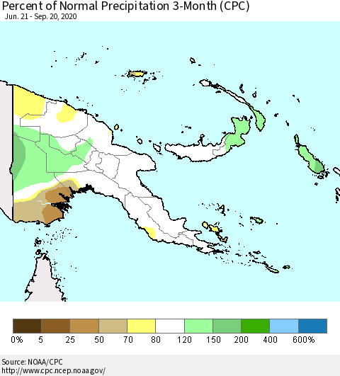 Papua New Guinea Percent of Normal Precipitation 3-Month (CPC) Thematic Map For 6/21/2020 - 9/20/2020