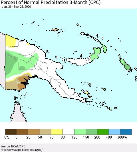 Papua New Guinea Percent of Normal Precipitation 3-Month (CPC) Thematic Map For 6/26/2020 - 9/25/2020