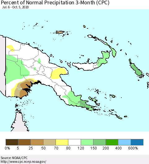 Papua New Guinea Percent of Normal Precipitation 3-Month (CPC) Thematic Map For 7/6/2020 - 10/5/2020