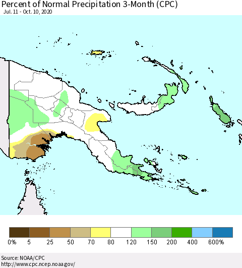 Papua New Guinea Percent of Normal Precipitation 3-Month (CPC) Thematic Map For 7/11/2020 - 10/10/2020