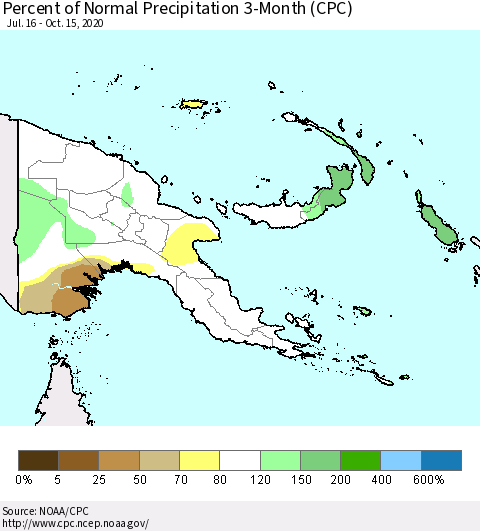 Papua New Guinea Percent of Normal Precipitation 3-Month (CPC) Thematic Map For 7/16/2020 - 10/15/2020