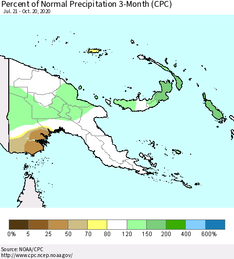 Papua New Guinea Percent of Normal Precipitation 3-Month (CPC) Thematic Map For 7/21/2020 - 10/20/2020