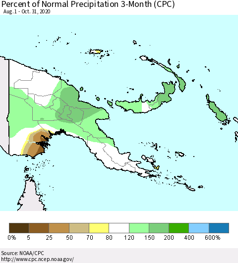 Papua New Guinea Percent of Normal Precipitation 3-Month (CPC) Thematic Map For 8/1/2020 - 10/31/2020